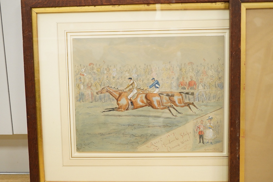 George Finch Mason (1850-1915), ‘Ascot 1887, The Hardwicke Stakes, Ormonde Wins!’ and ‘The Chester Cup, Kinsky Wins!’, each signed and inscribed, two watercolours heightened with white, one ex. Christie’s, 30 x 38cm